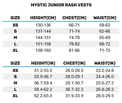 2025 Mystic Junior Rash Vests 0 Size Chart